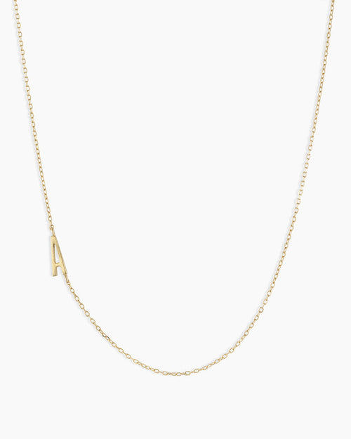 Woman wearing Alphabet Necklace || option::14K Solid Gold, A