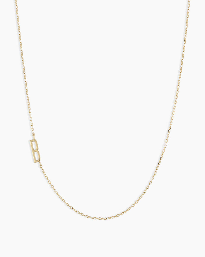 Woman wearing Alphabet Necklace || option::14K Solid Gold, B