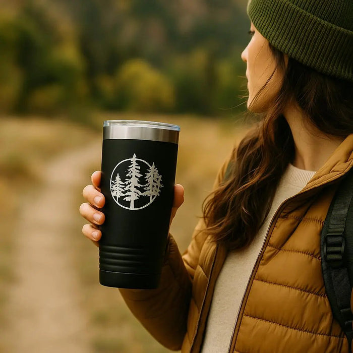 20 Oz Insulated Tumbler for Hiking – Laser-Engraved Pine Tree Design, Black Stainless Steel Travel Mug