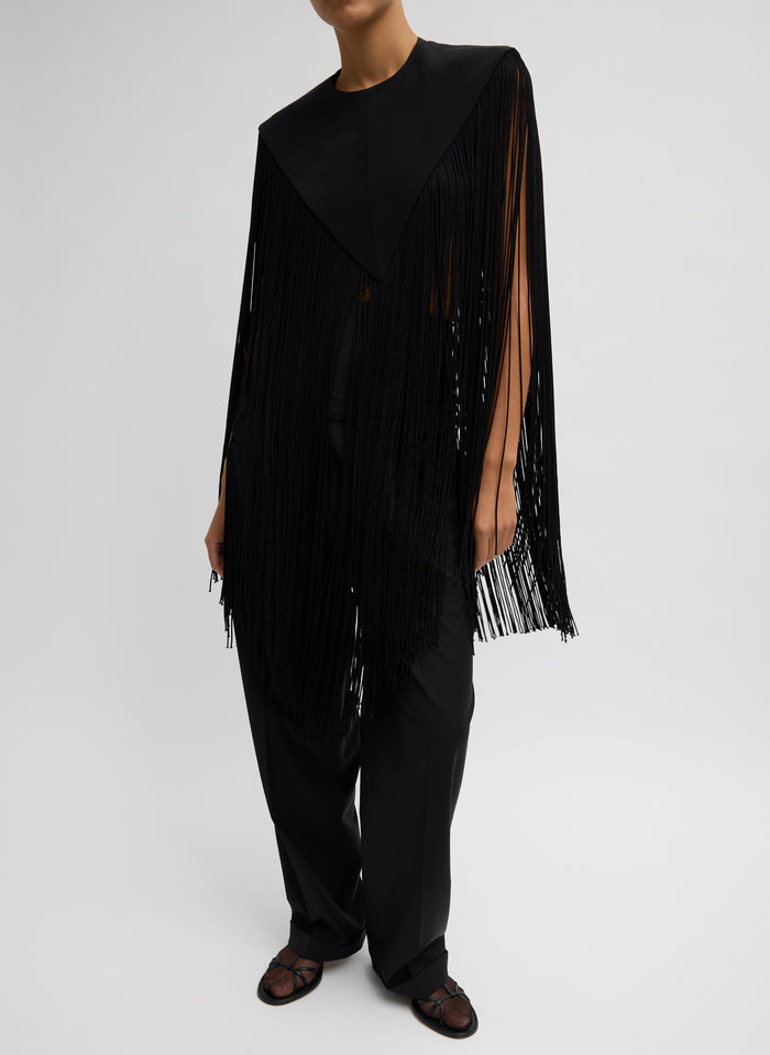 Black 4-Ply Silk Fringe Cape - full look, front view on model