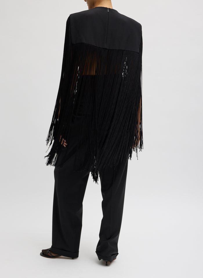 Black 4-Ply Silk Fringe Cape - full look, back view on model