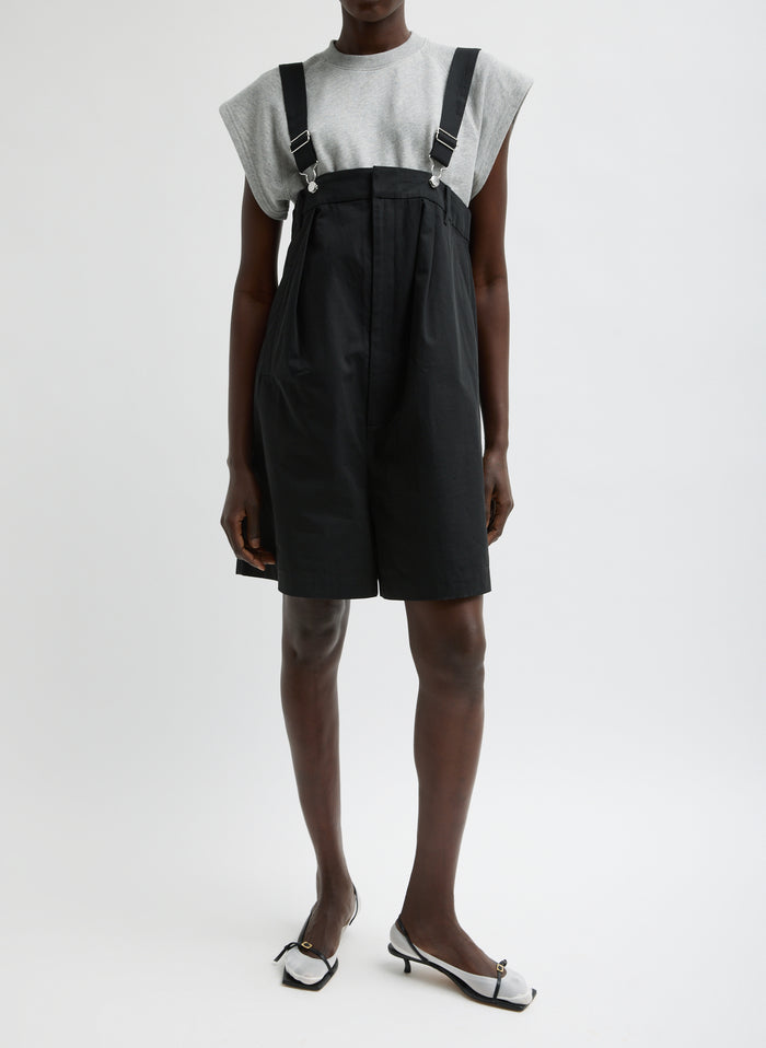 Black Bio Twill Overall Short - romper, front view on model