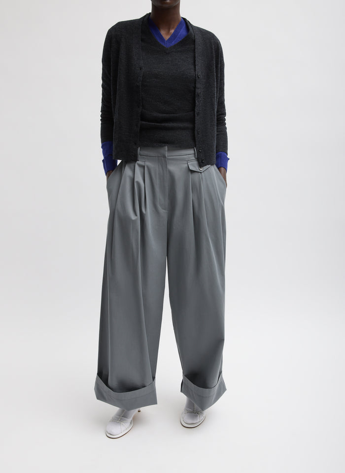 Grey Bio Twill Triple Pleat Pant - cuffed leg, full look on model