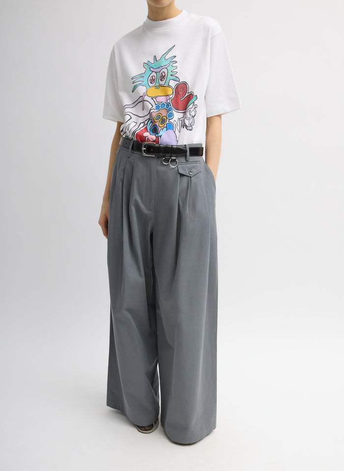 Grey Bio Twill Triple Pleat Pant - belted, full look, front view on model