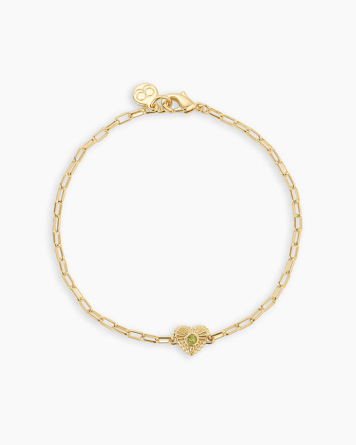 Birthstone Heart Bracelet || option::18K Gold Plated, Peridot - August