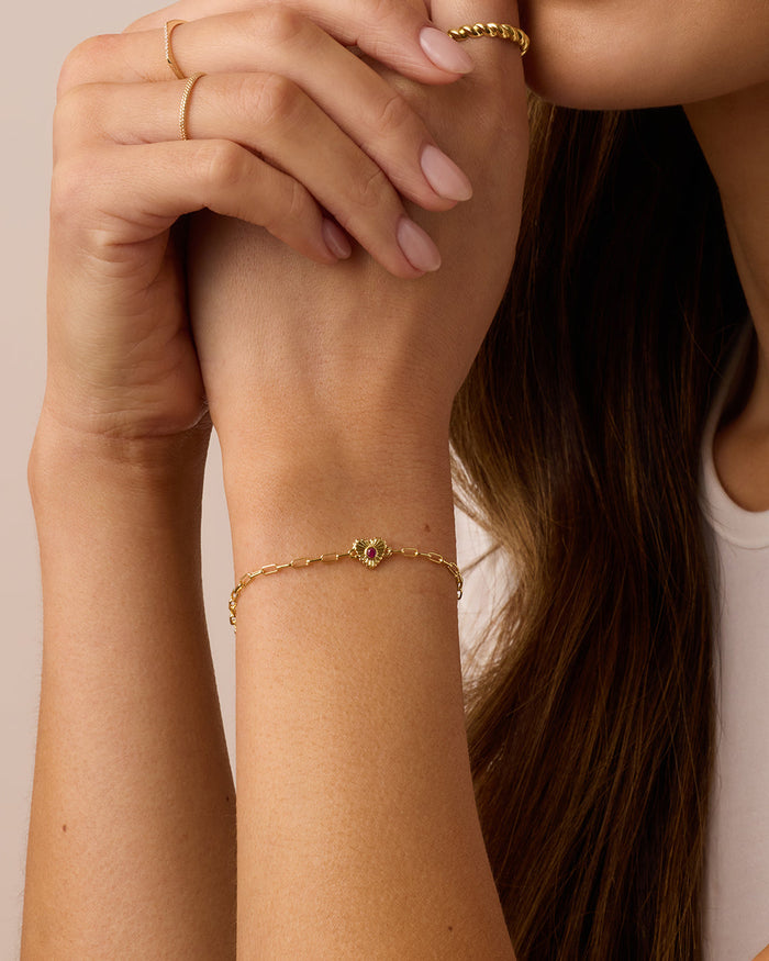 Birthstone Heart Bracelet || option::18K Gold Plated, Ruby - July