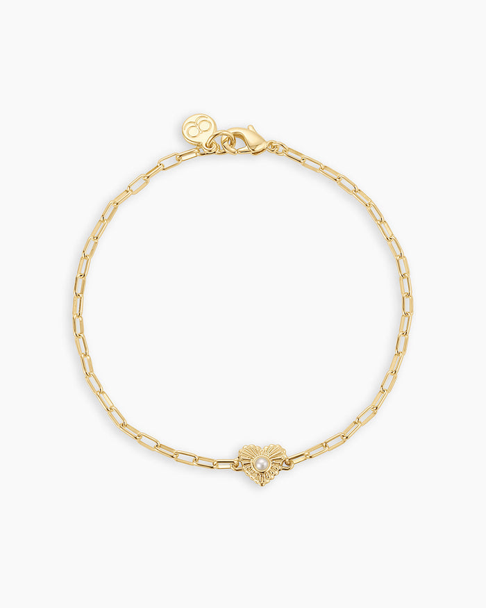 Birthstone Heart Bracelet || option::18K Gold Plated, Pearl - June