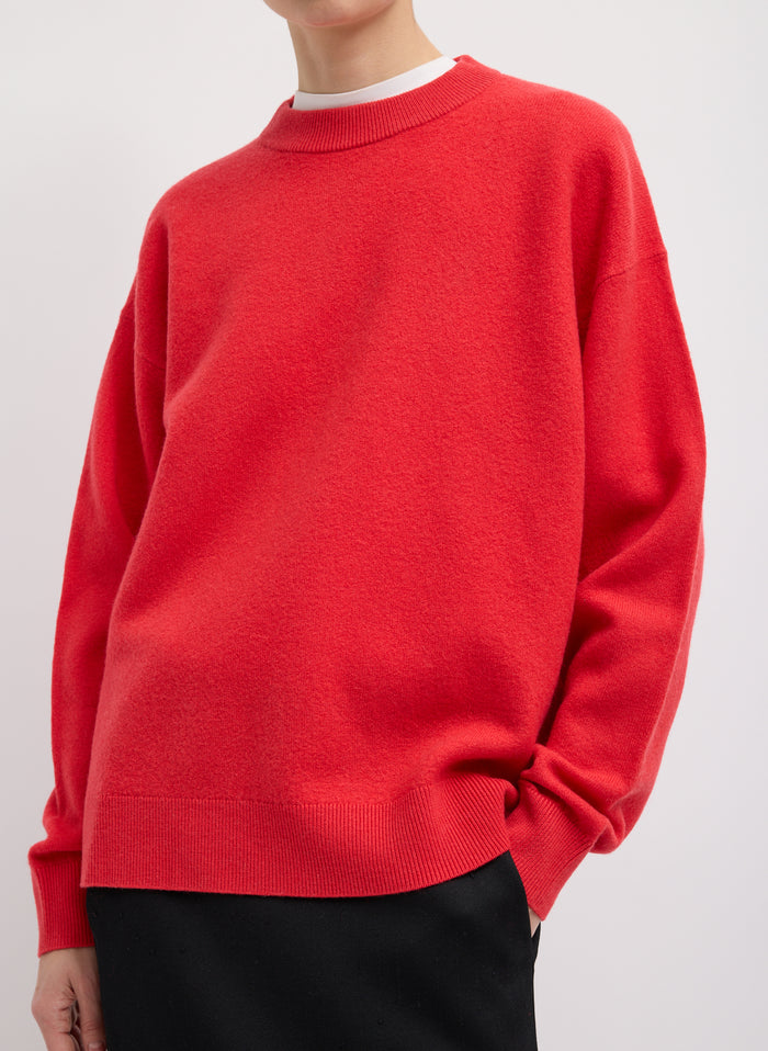 Red Boiled Wool Crewneck Easy Pullover - relaxed fit, front view on model