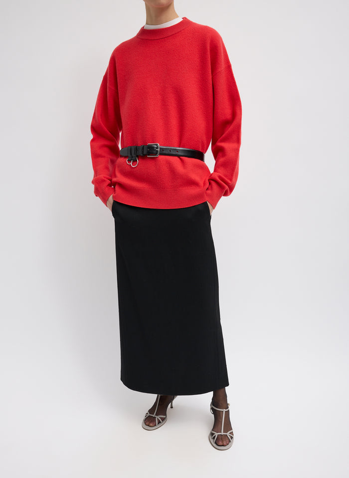 Red Boiled Wool Crewneck Easy Pullover - belted, full look, front view on model