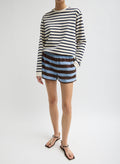 Blue and Brown Striped Bonded Dry Loop Terry Shorts - lounge shorts, front view on model