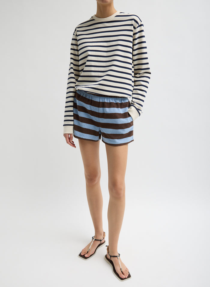 Blue and Brown Striped Bonded Dry Loop Terry Shorts - lounge shorts, front view on model