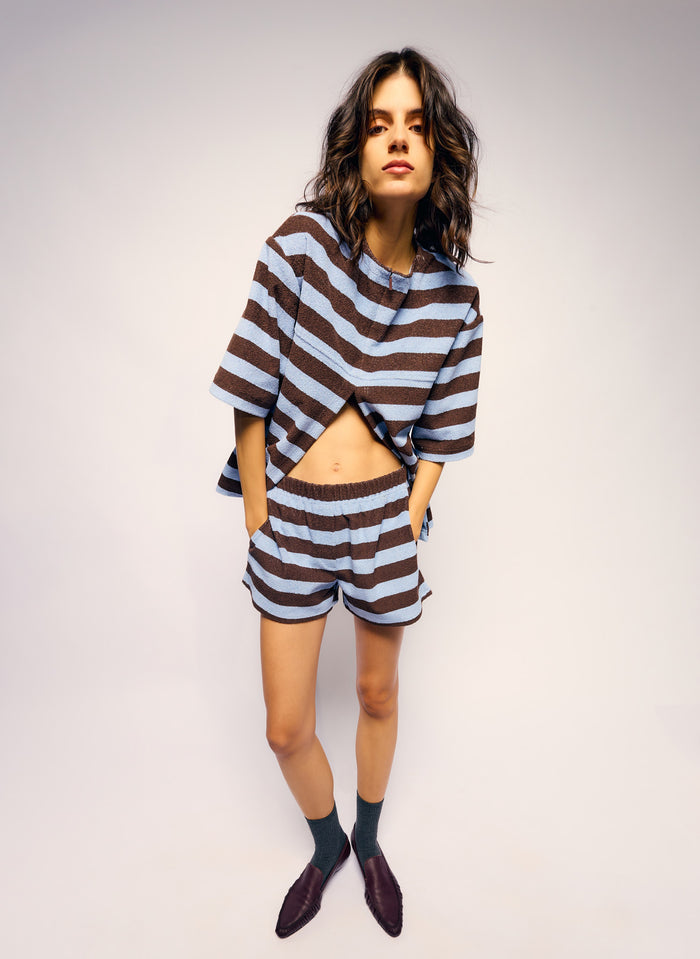 Blue and Brown Striped Bonded Dry Loop Terry Shorts - lounge shorts, editorial campaign on model