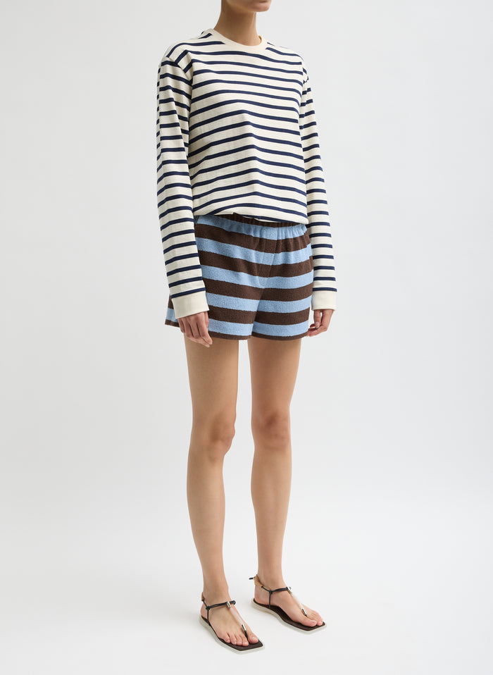 Blue and Brown Striped Bonded Dry Loop Terry Shorts - lounge shorts, side view on model