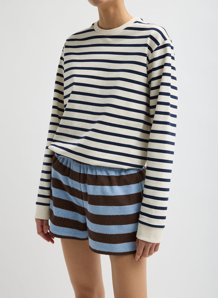 Blue and Brown Striped Bonded Dry Loop Terry Shorts - lounge shorts, front view on model