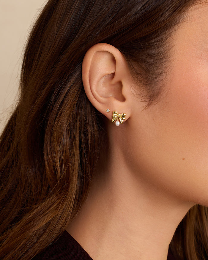 Bow Pearl Earrings || option::18K Gold Plated || set::bow-pearl-earrings-stl