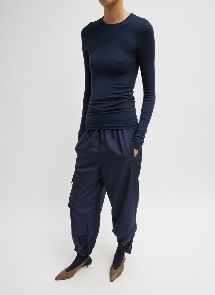 Navy Blue Circular Ribbed Crewneck Pullover T-Shirt - full look on model