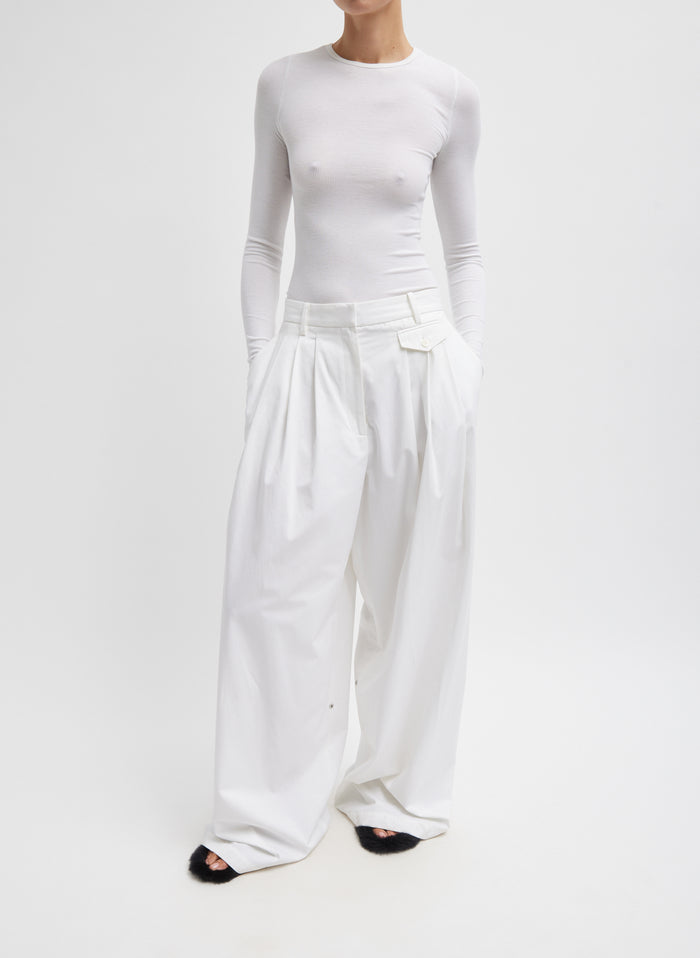 White Circular Ribbed Crewneck Pullover T-Shirt - long sleeved tee, full look, front view on model