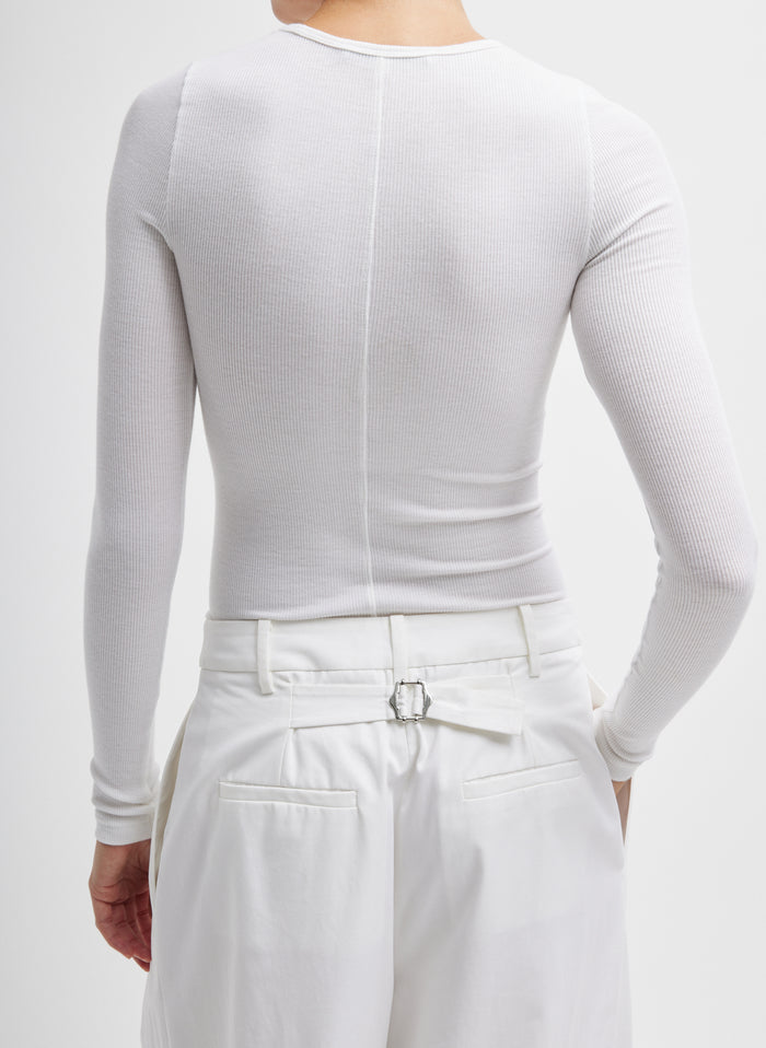 White Circular Ribbed Crewneck Pullover T-Shirt - long sleeved tee, back view on model