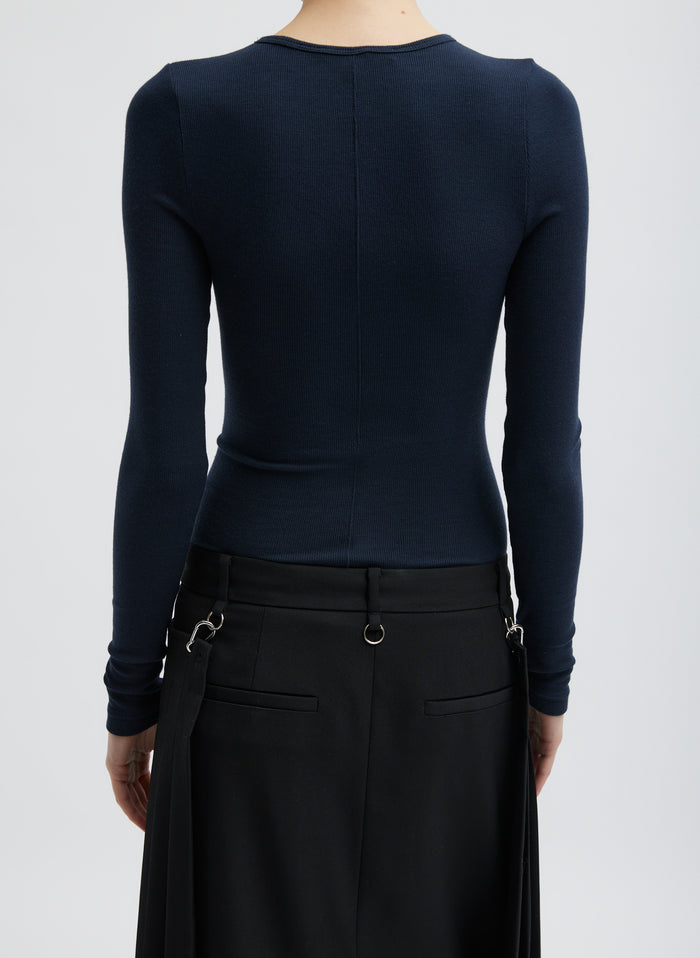 Navy Blue Circular Ribbed Crewneck Pullover T-Shirt - long sleeved tee, back view on model