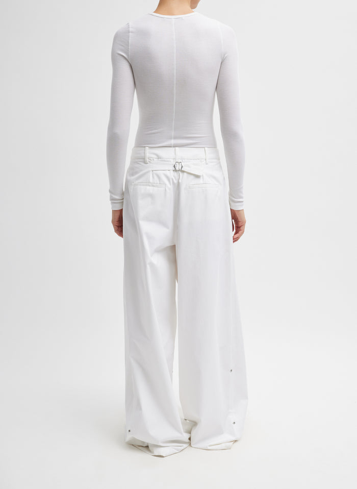 White Circular Ribbed Crewneck Pullover T-Shirt - long sleeved tee, full look, back view on model