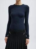 Navy Blue Circular Ribbed Crewneck Pullover T-Shirt - long sleeved tee, front view on model