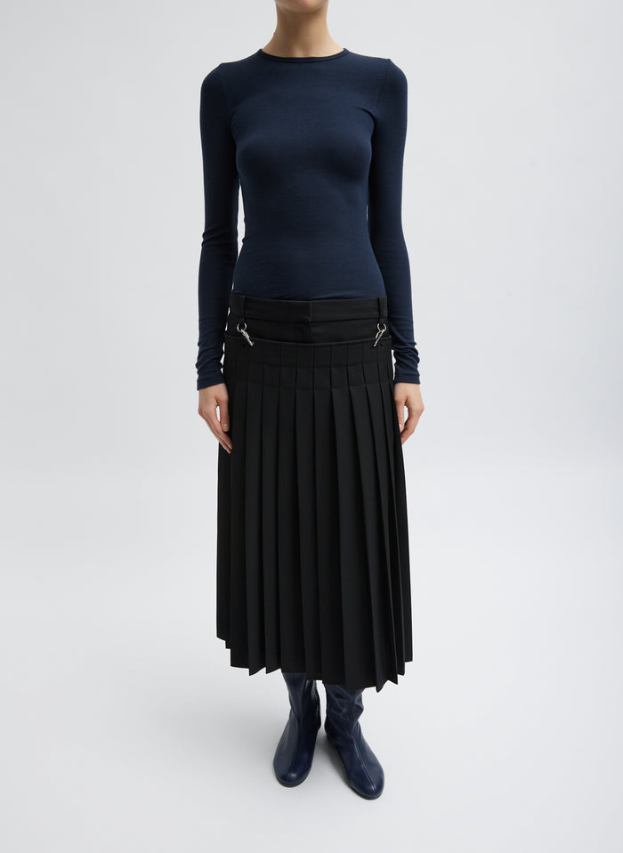 Navy Blue Circular Ribbed Crewneck Pullover T-Shirt - long sleeved tee, front view on model