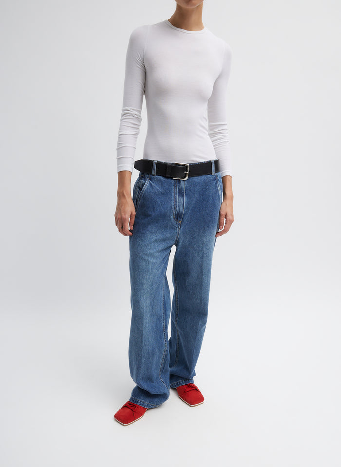 White Circular Ribbed Crewneck Pullover T-Shirt - long sleeved tee, front view on model