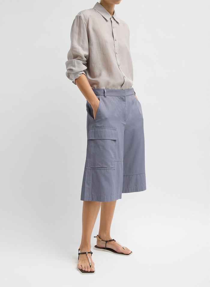 Deep Violet Purple Drapey Suiting Cargo Short - long shorts, front view on model
