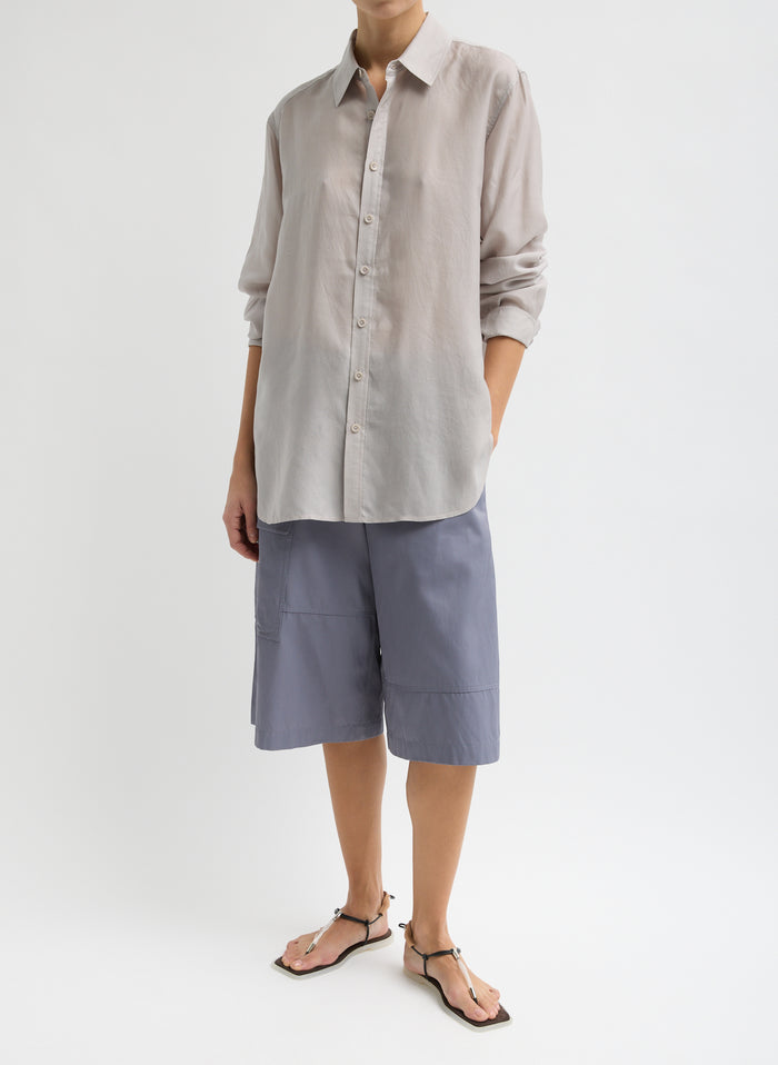 Deep Violet Purple Drapey Suiting Cargo Short - full look, front view on model