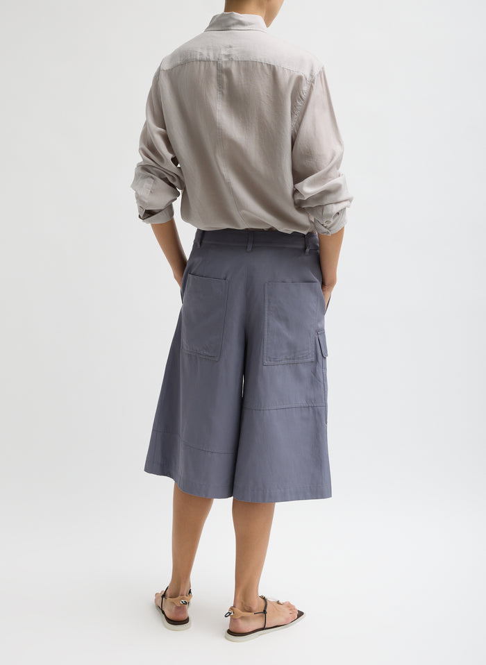 Deep Violet Purple Drapey Suiting Cargo Short - full look, back view on model