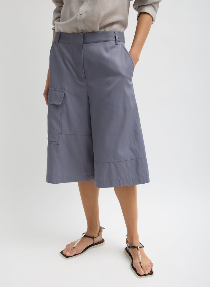 Deep Violet Purple Drapey Suiting Cargo Short - long shorts, front view on model