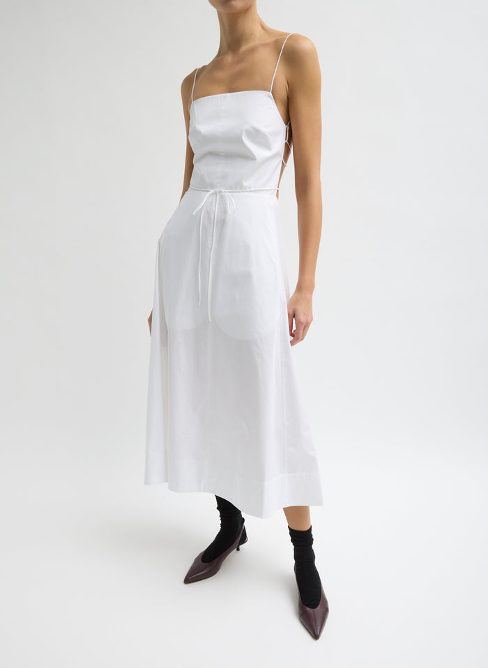 White Eco Poplin Strappy Dress - sleeveless midi dress, front view on model