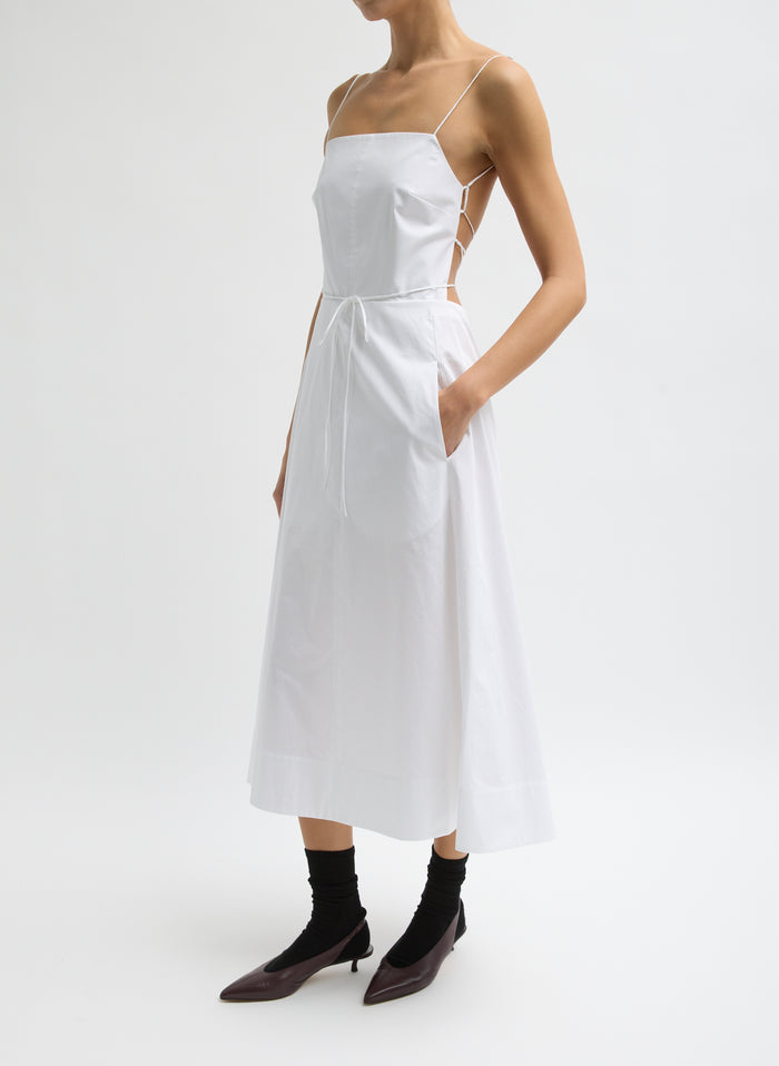 White Eco Poplin Strappy Dress - sleeveless midi dress, side view on model