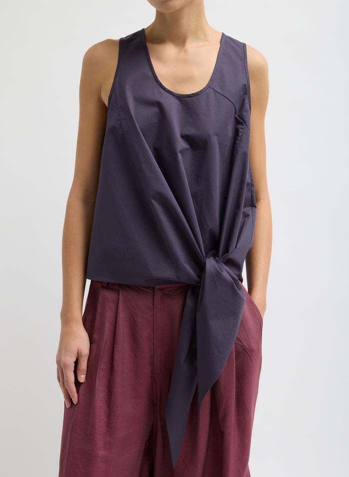 Eggplant Purple Eco Poplin Tie Front Top - sleeveless blouse, front view on model