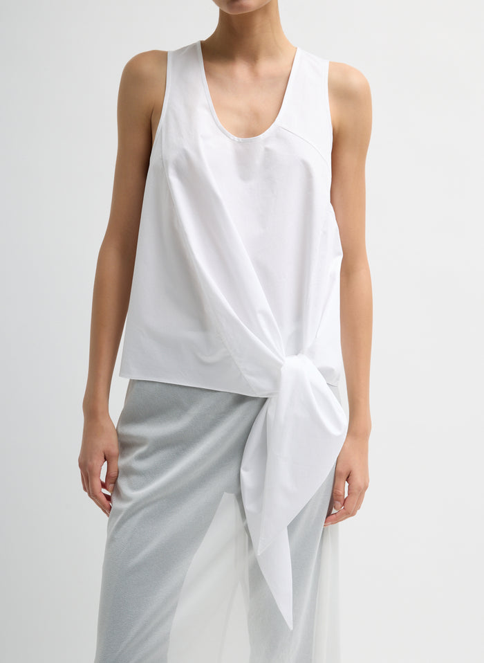 White Eco Poplin Tie Front Top - sleeveless tank top, front view on model