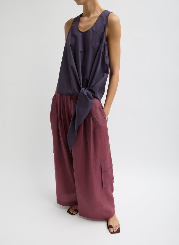 Eggplant Purple Eco Poplin Tie Front Top - sleeveless blouse, side view on model