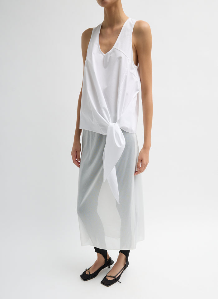 White Eco Poplin Tie Front Top - sleeveless tank top, side view on model