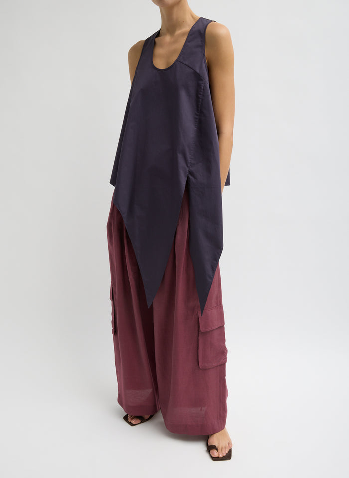 Eggplant Purple Eco Poplin Tie Front Top - untied front view on model