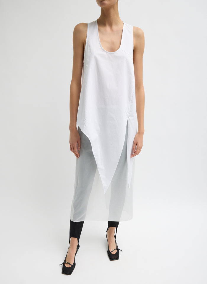 White Eco Poplin Tie Front Top - sleeveless tank top, un-tied, front view on model