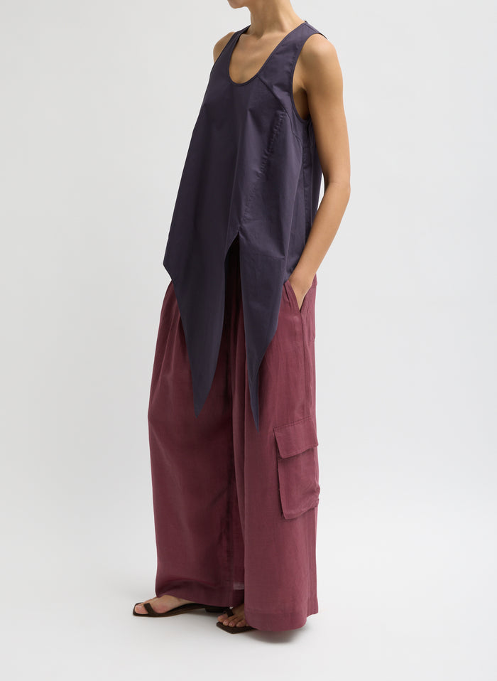 Eggplant Purple Eco Poplin Tie Front Top - untied, side view on model