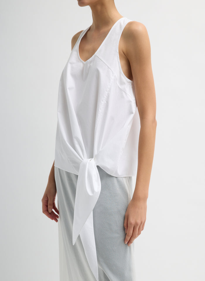 White Eco Poplin Tie Front Top - sleeveless tank top, side view on model