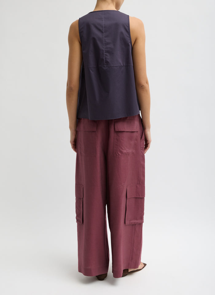 Eggplant Purple Eco Poplin Tie Front Top - full look, back view on model