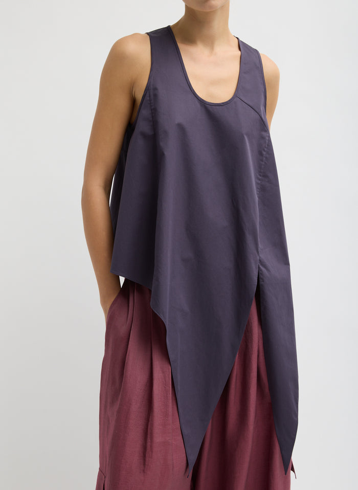 Eggplant Purple Eco Poplin Tie Front Top - untied, front view on model