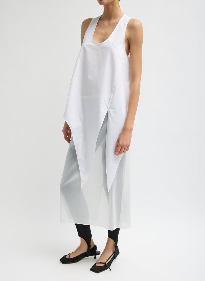 White Eco Poplin Tie Front Top - sleeveless tank top, un-tied, side view on model