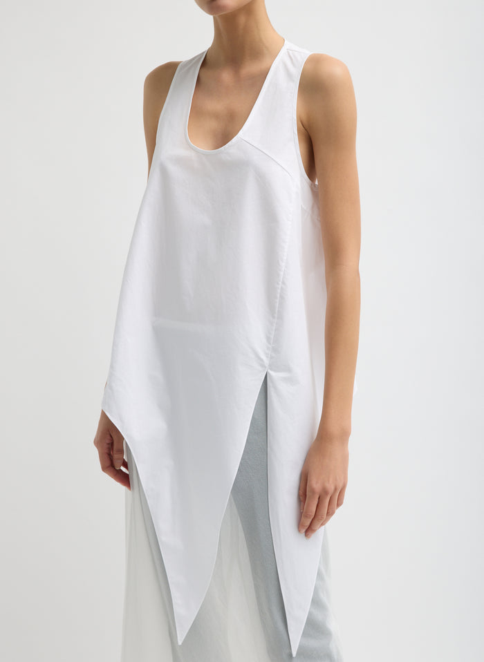 White Eco Poplin Tie Front Top - sleeveless tank top, un-tied, side view on model