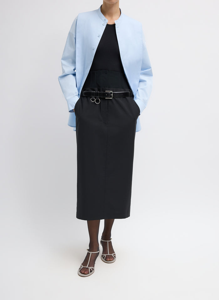 Chambray Blue Eco Poplin Tuxedo Shirt With Bib Flap - unbuttoned, full look, front view on model