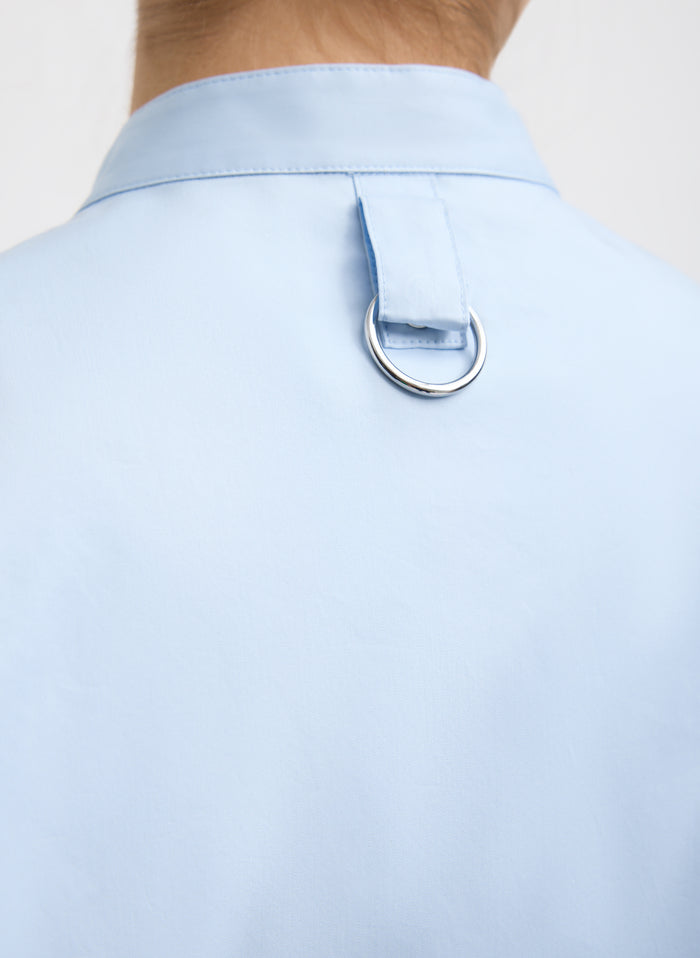 Chambray Blue Eco Poplin Tuxedo Shirt With Bib Flap - closeup of ring detail at back