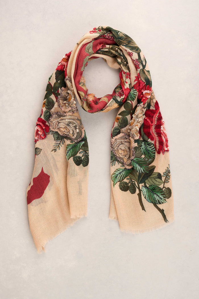 Embellished Floral Wool Scarf - Multicolour