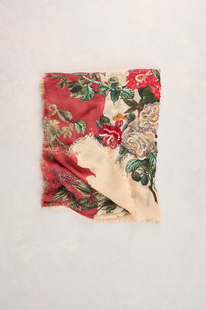 Embellished Floral Wool Scarf - Multicolour