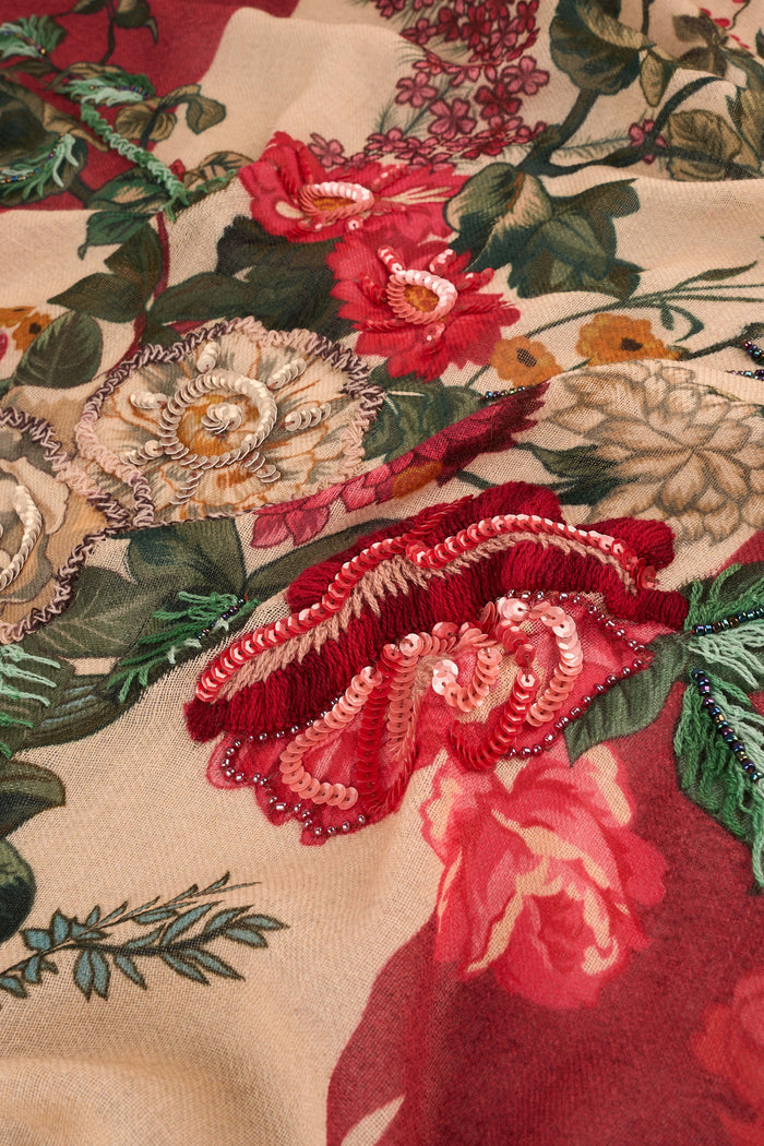 Embellished Floral Wool Scarf - Multicolour